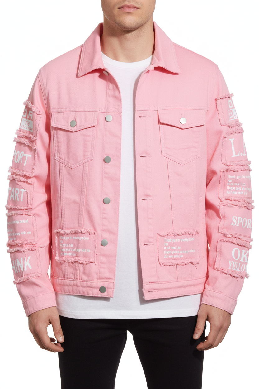 Men’s Classic Button-Up Denim Jacket – Distressed Lavender Purple Design